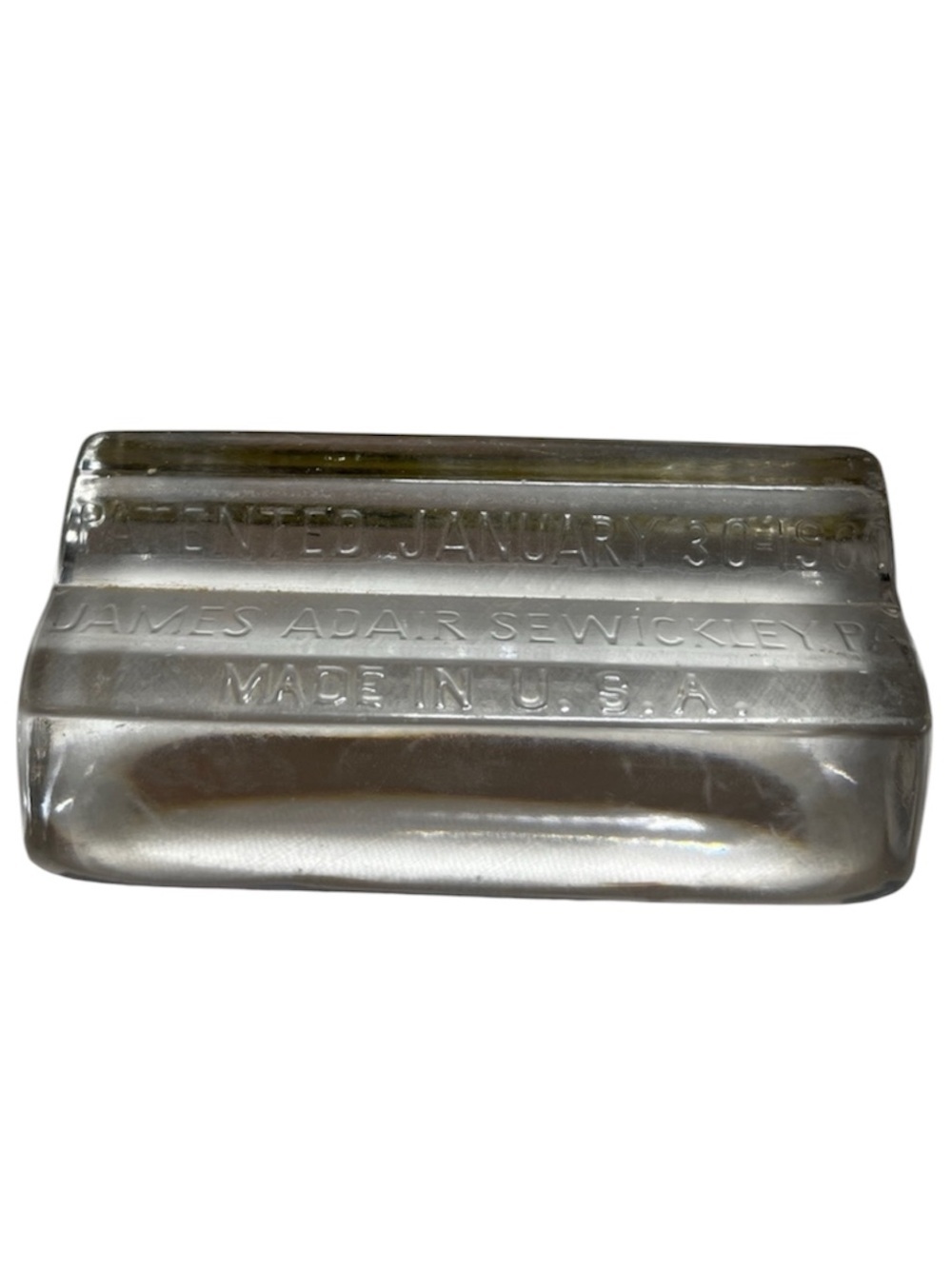 Antique Clear Glass Paperweight Embossed PATENT 1900 JAMES ADAIR Made in U.S.A.